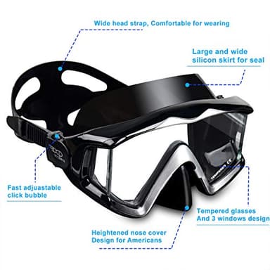 Adult Pano 3 Window Scuba Diving Mask, Tempered Glass Snorkel Mask Anti-Fog Swim Mask No Leakage Swim Goggles with Nose Cover Snorkeling Gear for Snorkeling, Freediving, Swimming (Black) - Image 3