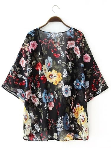 Chunoy Women's Petite Summer Short Sleeve Floral Beachwear Cover Up Blouse Loose Chiffon Kimono Cardigan Black Small - Image 4