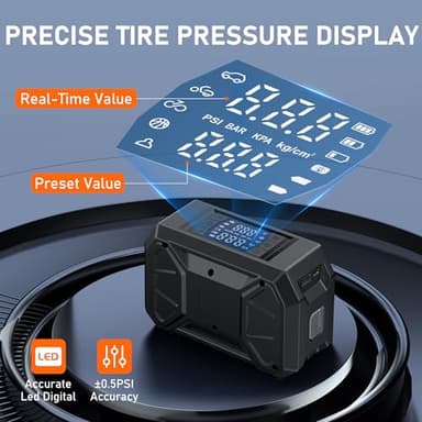 Tire Inflator Portable Air Compressor, 150 PSI Cordless Air Pump for Car Tire 12V DC Dual Power Battery Electric Bike Tire Pump with Pressure Gauge LED Light for Car, Motorcycle, Bicycle, Bike, Ball - Image 4