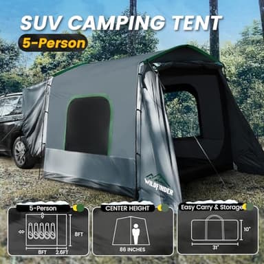 WildFinder SUV Tent, 5-9 Person Rectangle Car Tent for Family, Waterproof & Windproof for Car Camping, Large Camping Tents with Storage Bag, SUV, Van, Jeep, Pickup 8FT L x 10.6FT W x 7.2FT H - Image 2