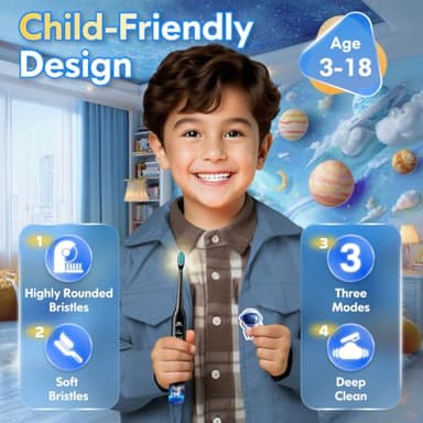 Kids Electric Toothbrush Rechargeable Age 3-5-6-12-18 Year Old, Sonic Toothbrush Kids with Timer 3 Modes 4 Vibrating Heads Habit Stickers Tooth Brush for Girls Boys and Childrens (Astronaut Black) - Image 2