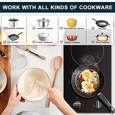 Karinear 110v Electric Cooktop 2 Burners, 12'' Electric Stove Top with Plug in, Knob Control Countertop & Built-in Ceramic Cooktop, 9 Heating Level, Hot Warning, Over-Temperature Protection - Image 2