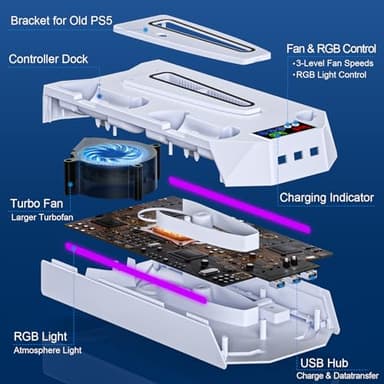 PS5/PS5-Slim-Cooling-Station-with-Controller-Charging-Station for Playstation 5 Console Disc/Digital, LED Light Cooling Stand with Cooler Fan for PS5 Accessories with 3 USB Hubs/Headset Holder - Image 8