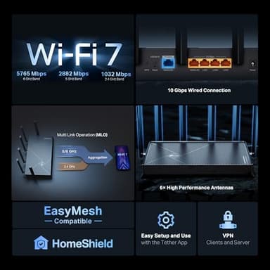 TP-Link Tri-Band BE9700 WiFi 7 Router Archer BE600 | 10G WAN/LAN +2.5G WAN/LAN +3× 2.5G LAN Ports, New 320Mhz Channel | Covers up to 2,600 Sq. ft and 120 Devices|VPN, HomeShield for Network Security - Image 3