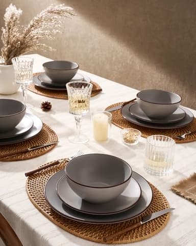 Famiware Venus Plates and Bowls Sets, 12 Pieces Stoneware Speckled Dinnerware Sets, Dishes Set for 4, Microwave and Dishwasher Safe, Matte Dark Grey - Image 2