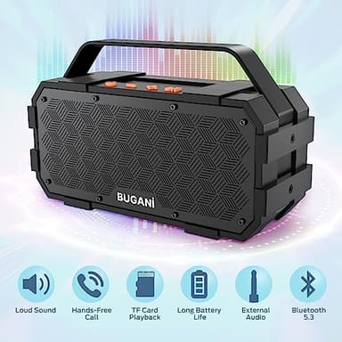 BUGANI Bluetooth Speaker, 40W Portable Bluetooth Speakers with Stereo Loud Sound, 24H Playtime, Built-in Mic, Support TF Card/AUX, IPX6 Waterproof Outdoor Speaker for Camping Beach Party - Image 4