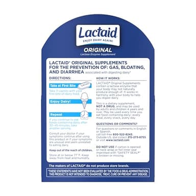Lactaid Original Strength Lactose Intolerance Pills, 9000 FCC Natural Lactase Enzyme Dairy Relief Caplets, Helps Prevent Gas, Bloating & Diarrhea Due to Lactose Sensitivity in Adults & Kids, 120 Count - Image 7