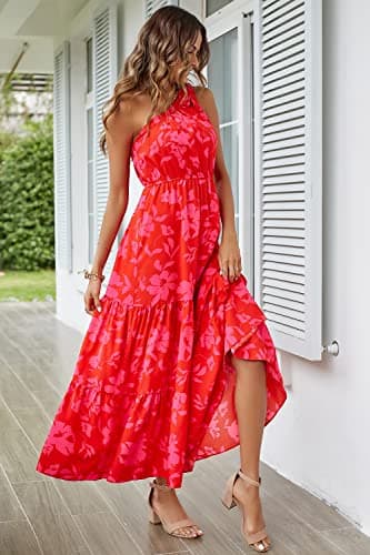 PRETTYGARDEN Women's Summer Floral Maxi Dress Knot One Shoulder Sleeveless Ruffle Flowy Boho Beach Wedding Guest Dresses (Red Floral,Small) - Image 6