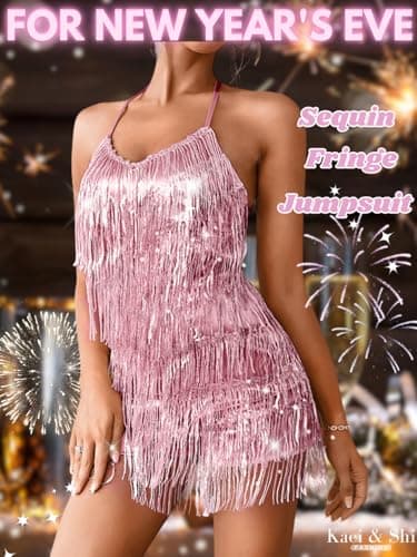 Kaei&Shi Sequin Fringe Romper,Sparkly Glitter Metallic Jumpsuits For Women,Backless Shorts Dress Disco Birthday Dance Outfit,Rose Gold,Small - Image 2