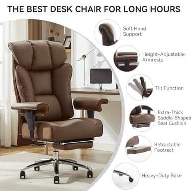 Big and Tall Ergonomic Office Chair 450LBS with Foot Rest, High Back PU Leather Executive Chair with Adjustable Padded Armrests, Lumbar Support for Home or Work, Heavy Duty Computer Chair, Brown - Image 3
