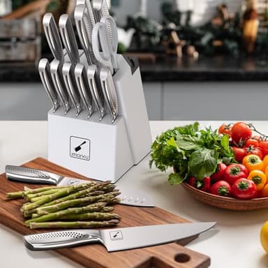 imarku Knife Set, Japanese HC Stainless Steel 15 PCS Kitchen Knife Set With Block With Built-in Sharpener, Razor-Sharp Blade Knife Block Set With Dotted Ergomomic Handle, Best Birthday Gifts, White - Image 9