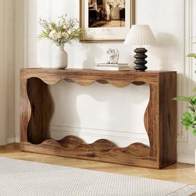 LITTLE TREE 63-Inch Entryway Table, Chic Design, Farmhouse Sofa Table Behind Couch, Scalloped Console Table with Build-in Storage Space for Entryway, Living Room, Hallway - Image 8