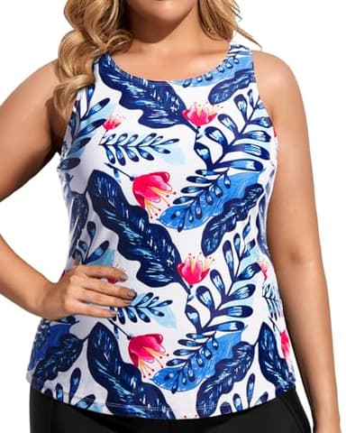Holipick High Neck Tankini Top Bathing Suit Tops for Women Tummy Control Tank Tops Swimsuits White Blue Floral M - Image 4
