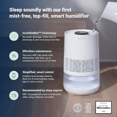 BLUEAIR Premium Smart Humidifier for Large Rooms, Bedrooms, Better Sleep with Evaporative Invisible Mist Tech, Auto Humidify, Easy Top Fill, Smart Control with App, Touchscreen, 3.5L Tank for 48 hours - Image 2