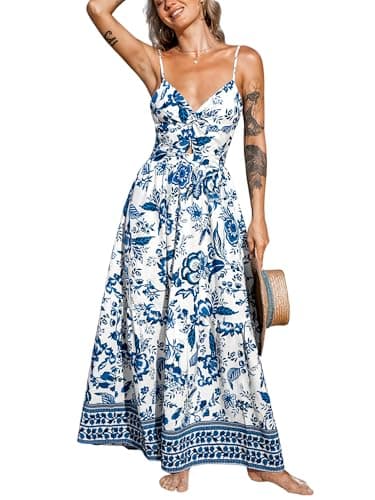 CUPSHE Women's Maxi Dress Beach V Neck Casual Sleeveless Cutout Twisted Long Dress Summer Formal Dress Teal Floral, S - Image 1