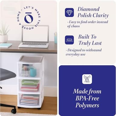 HOMZ Drawer Tower, 3-Tier Clear Plastic Storage Organizer Cart, White Frame - Heavy-Duty Organizing Drawers for Home, Bedroom, and Closet Organization - Image 5