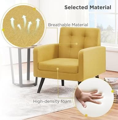 Yaheetech Mid-Century Accent Chairs, Modern Upholstered Living Room Chair, Cozy Armchair Button Tufted Back and Wood Legs for Bedroom/Office/Cafe, Yellow - Image 7