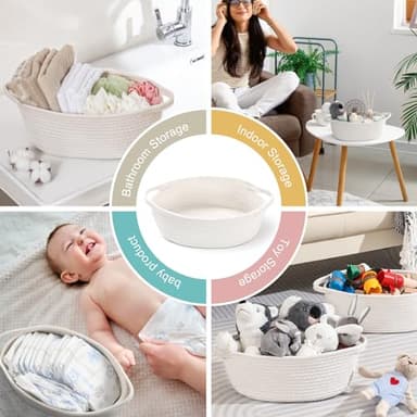 4 Pack Small Woven Basket with Handles, All 12"x 8"x 5", Cotton Rope Room Shelf Storage Basket, Cat Toys, Cute Baby Gift Basket with Gift Bags and Ribbons for Nursery, Empty Decorative Gift Chest Box - Image 3