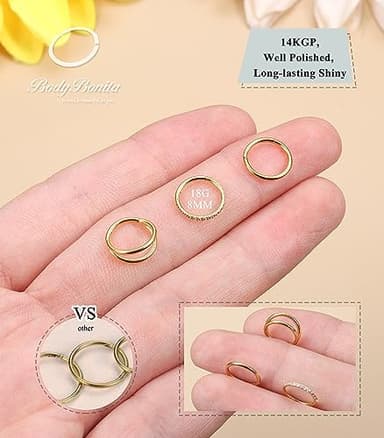 BodyBonita 18G 14K Gold Plated 316L Surgical Steel Nose Rings Hoops 3Pcs Double Hoop Nose Ring CZ Conch Piercing Jewelry Septum Clicker Helix 8mm - Image 2