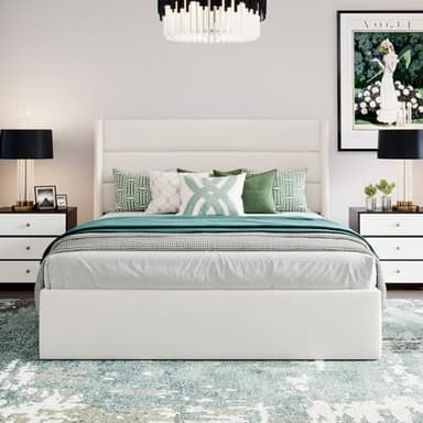 SHA CERLIN Queen Size Lift Up Storage Bed/Velvet Upholstered/Modern Wingback Headboard/Upholstered Platform Bed Frame/Hydraulic Storage/No Box Spring Needed/White - Image 9