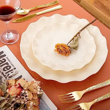 LIYH 24 Pcs Plastic Plates Reusable,Unbreakable Dinner Plates, Scalloped Plastic Plates, Dishwasher Safe,Ivory Plate Sets Perfect for Parties, Birthday, Picnics, BPA Free(12Guests) - Image 2