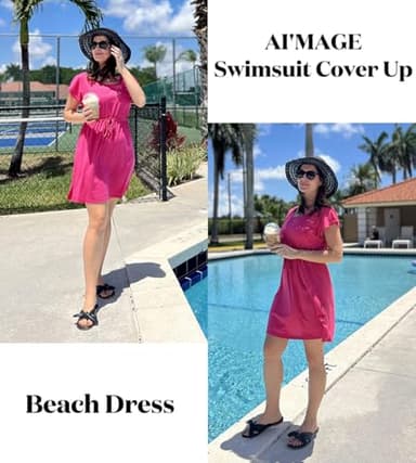 AI'MAGE Women Beach Coverups Short Swimsuit Coverups Ladies Beachwear Cover Ups for Swimwear Beach Tunic Top Hot Pink - Image 2