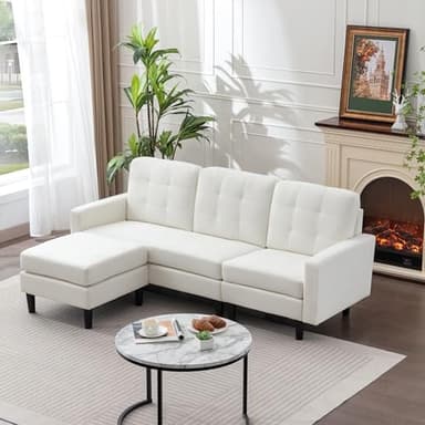 VECELO Convertible Sectional Sofa, Modern Linen Fabric L-Shaped Couch with Reversible Chaise for Living Room/Apartment/Office, White - Image 6