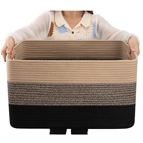 OIAHOMY Large Blanket Basket, 22”x17”x12” Rectangle Woven Baskets, Nursery Blanket Storage Living Room, Toy Storage With Handle, Large Baskets for Organizing-Yellow Black - Image 1