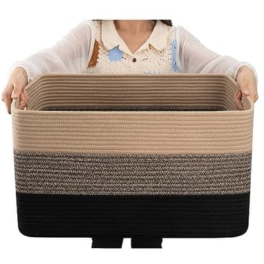 OIAHOMY Large Blanket Basket, 22”x17”x12” Rectangle Woven Baskets, Nursery Blanket Storage Living Room, Toy Storage With Handle, Large Baskets for Organizing-Yellow Black - Image 1