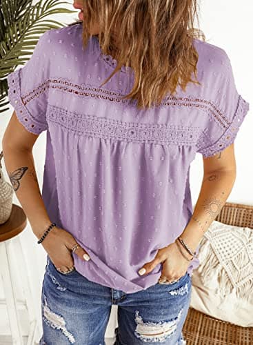 Dokotoo Women's Summer Lace Crochet Round Neck Pom Pom Short Sleeve Flowy Chiffon Babydoll Tunic Top - Purple, L - Image 4