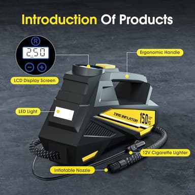FLYKID Tire Inflator Portable Air Compressor - DC 12V Air Pump for Car Tires with 150PSI LCD Digital Gauge & Emergency LED Light,Auto Tire Pump for Cars,Motorcycles,Bikes,Balls (Large) - Image 9