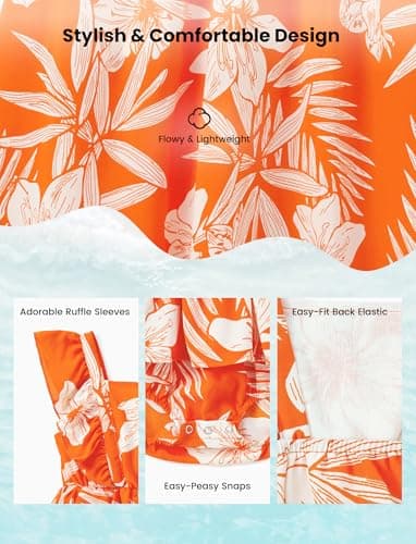 PATPAT Family Hawaiian Matching Outfits with Baby Mommy and Me Beach Dresses Tropical Floral Palm Leaf Print Halter Neck Hawaiian Sundress Boho Vacation Orange Romper Dress for Baby Girl 9-12 Months - Image 5