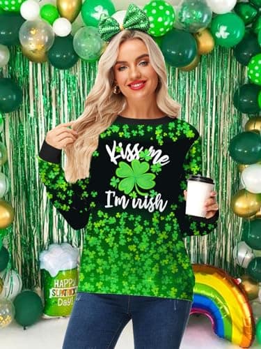 Deerose Womens St Patrick's Sweatshirt Shamrock Clover Print Sweatshirts Lucky Charm Irish Shirt M - Image 6