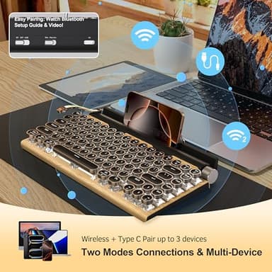 Retro Typewriter Wireless Mechanical Gaming Keyboard, Bluetooth 5.0 Office Computer Vintage Keyboards 83-Key Blue Switches Punk Round Keycap, LED Backlight, Compatible with PC/Laptop/Pad/Phone, Wood - Image 4