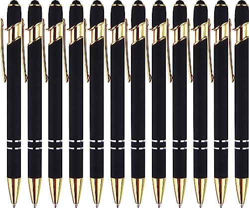 LINFANC 12 Pack Black Gold Ballpoint Pen with Stylus Tip, 1.0 mm Black Ink Smooth Writing Pens, Metal Stylus Pens for Touch Screens - Image 1