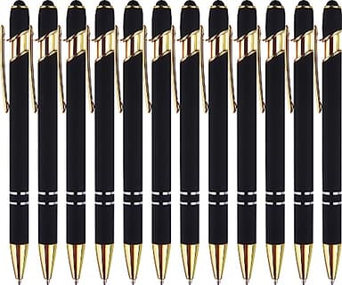 LINFANC 12 Pack Black Gold Ballpoint Pen with Stylus Tip, 1.0 mm Black Ink Smooth Writing Pens, Metal Stylus Pens for Touch Screens - Image 1