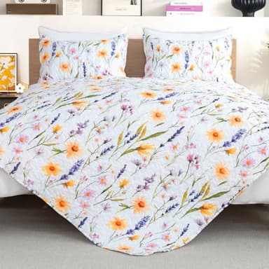 ROMROL Quilt Set Queen Size Floral Quilt Bedding Set 3 Pieces Quilted Bedspread Lightweight Coverlet Set Garden Patchwork Style Soft Reversible Quilted Sets with 2 Pillow Shams for All Season - Image 7