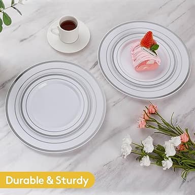 Goodluck 200PCS Silver Plastic Plates, Heavy Duty Disposable Gold Plates with 100 10.25 inch Dinner Plates and 100 7.5 inch Dessert Plates, Disposable Plates for Party, Holiday, Wedding, Christmas - Image 2