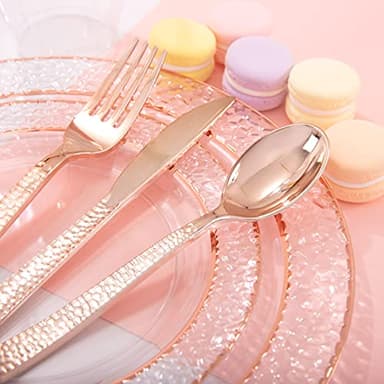 Ciaell 150PCS Rose Gold Plastic Plates – Disposable Plates with Rose Gold Plastic Silverware include 50Plates, 25Forks, 25Knives, 25Spoons, 25Cups for Wedding & Party - Image 5