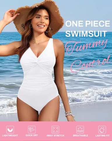 Holipick White Women Tummy Control One Piece Swimsuit - Push Up Bathing Suit Full Coverage Slimming Swimwear M - Image 2