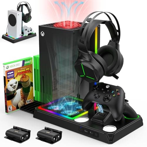 Allnice Cooling and Charging Stand for Xbox Series X/S with 2 X 1400 mAh Rechargeable Battery Xbox Series X/S Stand with Cooling Fan and Controller Charging Station & RGB Lights, 12 Game Disk Holder - Image 1
