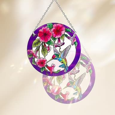 Stained Glass Window Hanging, Hummingbird Gifts for Women, Bird and Flowers Suncatcher for Window, 6" Purple Sun Catchers, Hand Painted Glass for Birds Lover (6 inch) - Image 3