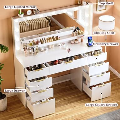 ALEXNUTRE Vanity Desk with Large Mirror and Lights, 45.3in Makeup Vanity with Power Outlet 9 Drawers & Storage, 3 Lighting Color Adjustable, White Vanity Desk for Bedroom - Image 2