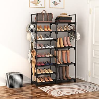 ROJASOP Shoe Rack Organizer, 8-Tier Metal Shoe Rack for Closet Entryway Garage, 26-32 Pairs Tall Shoe Boot Storage Shelf with 15 Hooks, Stackable Large Shoe Stand - Image 2