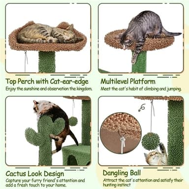 Yaheetech Cactus Cat Tree, 54.5in Tower w/Ramp, Animal-Ear Shaped Perch, Scratching Posts, Platform & Hanging Ball, Multi-Level Condo for Indoor Kittens, Green/Brown - Image 5