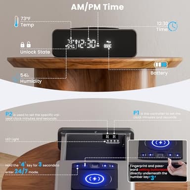 Mboko Biometric Discreet Gun Safe with 12-Hour Time Clock Display, Wireless Charging Pistol Safe for Handgun with Adjustable Brightness, Backlit Keypad, LED Light, and Auto Pop-up Access(Gray) - Image 6