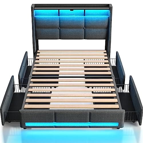 Rolanstar Twin Size Bed Frame with LED Lights and Charging Station, Upholstered Bed Storage Headboard & Drawers, Heavy Duty Wood Slats, Easy Assembly - Image 1