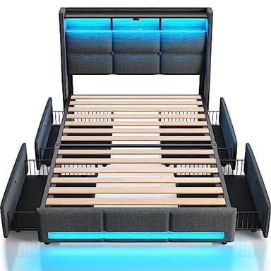 Rolanstar Twin Size Bed Frame with LED Lights and Charging Station, Upholstered Bed Storage Headboard & Drawers, Heavy Duty Wood Slats, Easy Assembly - Image 1