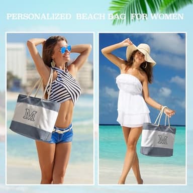 Becokan Initial Beach Bag Waterproof Canvas Beach Tote Bag Zipper Personalized Gifts for Women Her Birthday Travel Essentials (M, Dark Grey 2 pcs) - Image 5