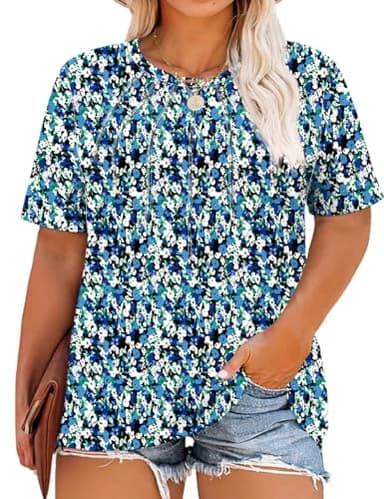 Kistore Women's Plus Size Short Sleeve Crew Neck Pleated Shirts Relaxed Fit Cute Summer Floral Tops Blouses Blue 5XL - Image 1